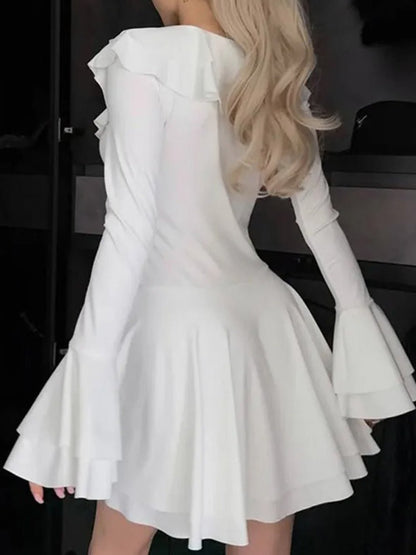 Long Sleeve Lace-Up Deep V-Neck Tiered Ruffle Mini Dress