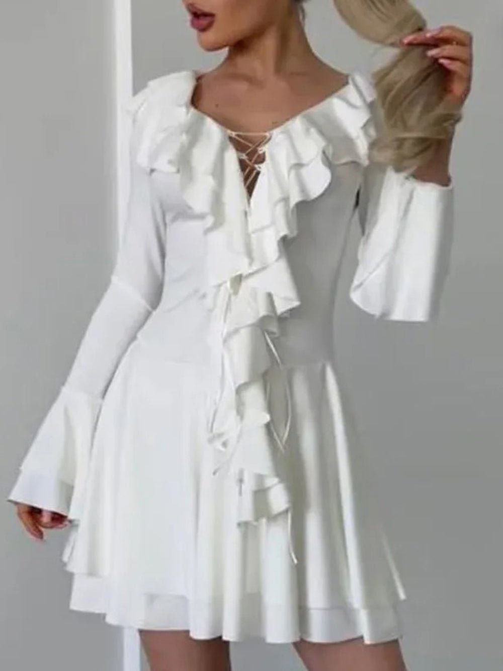 Long Sleeve Lace-Up Deep V-Neck Tiered Ruffle Mini Dress