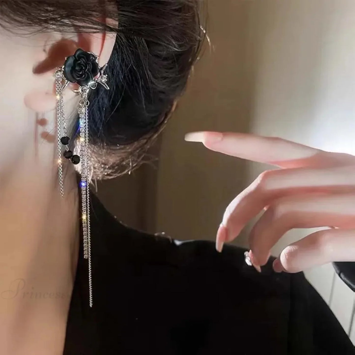 Dark Blossom Fringe Zircon Ear Wrap Earring
