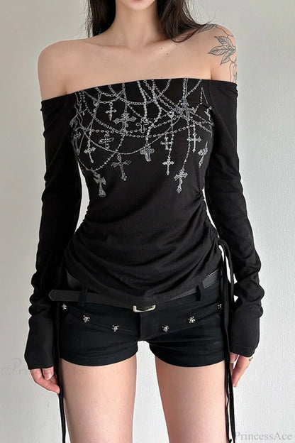 Dark Chain Print Off-Shoulder Ruched Long Sleeve Tee