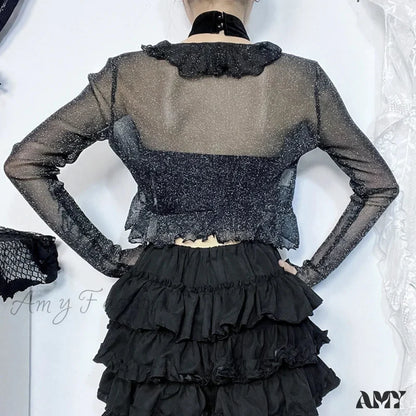 Dark Fairycore Glitter Elegant Thin Gothic See-through Ruched Crop Alternative Cardigan