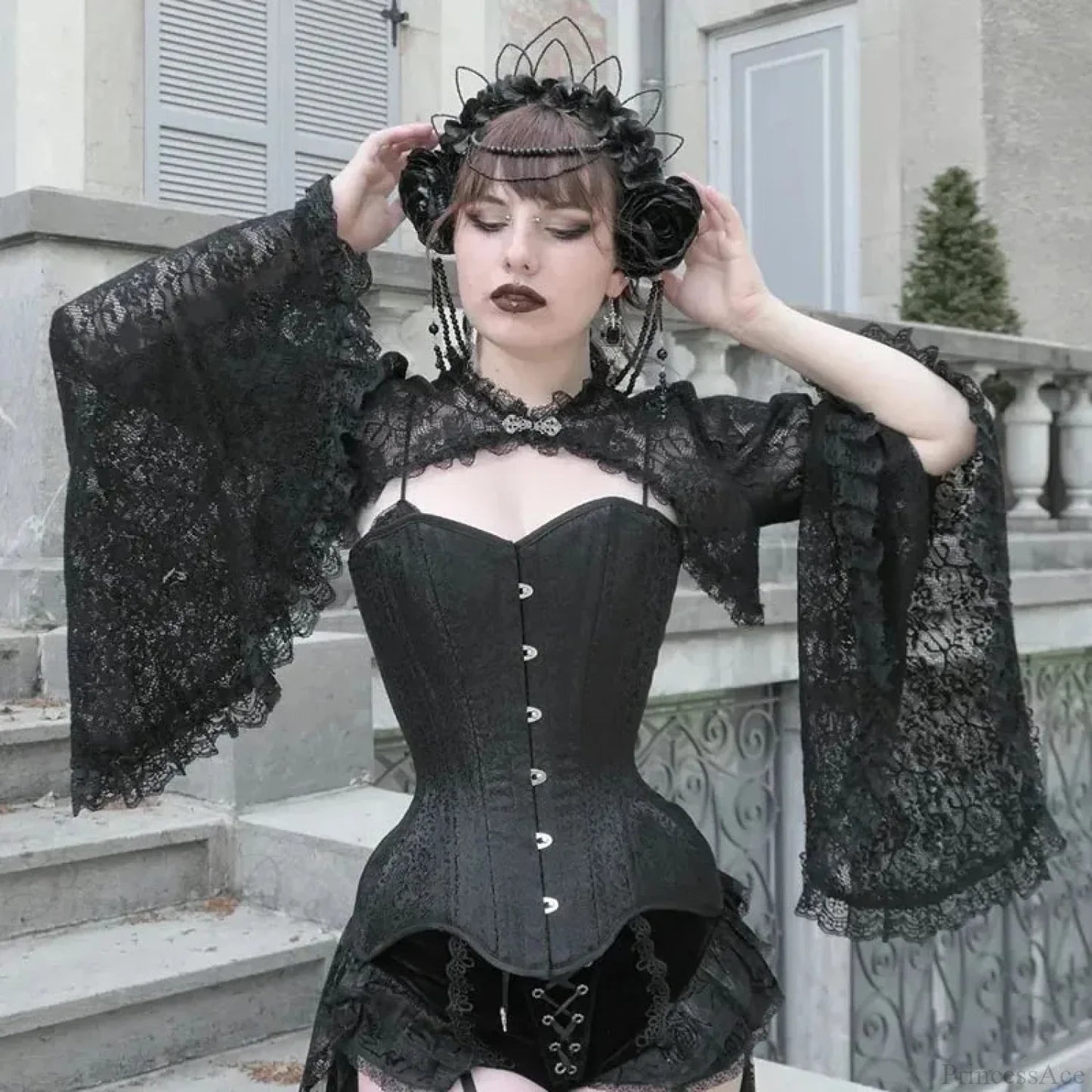 Dark Flared Sleeve Silk Blouse