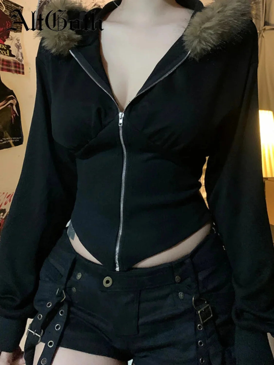 Dark Futuristic Furry Hem Hoodie