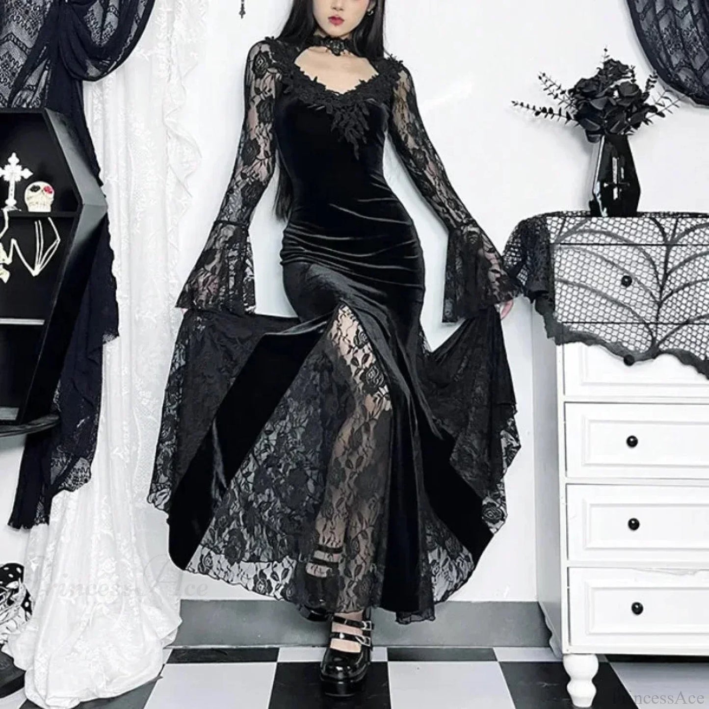 Dark Lace Trumpet Slim Midi Dress