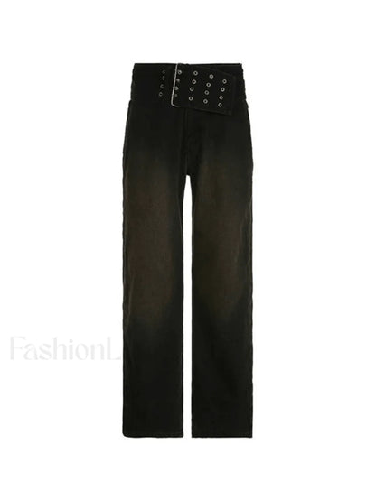 Dark Wash Belted Baggy Boyfriend Jeans
