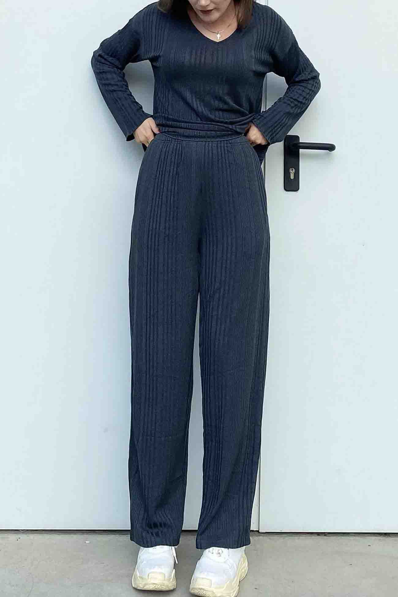 V Neck Ribbed Long Sleeve Two-Piece Set