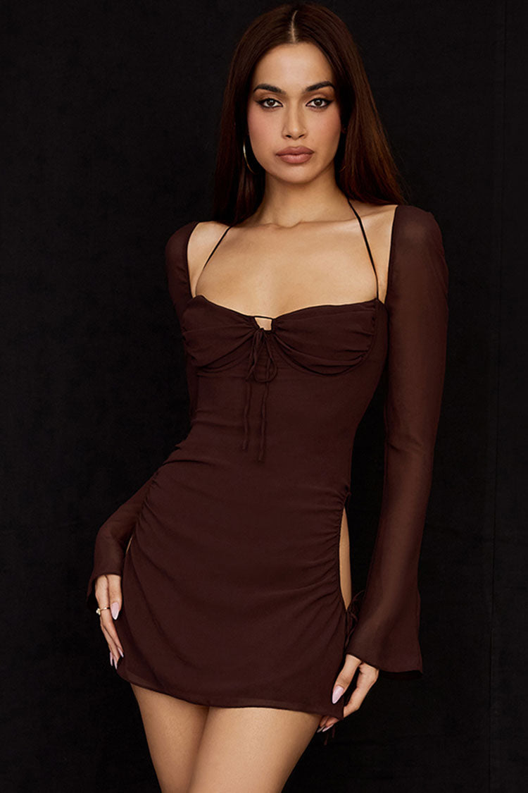 Halter Sweetheart Ruched Mesh Bell Sleeve Side Cutout Mini Dress