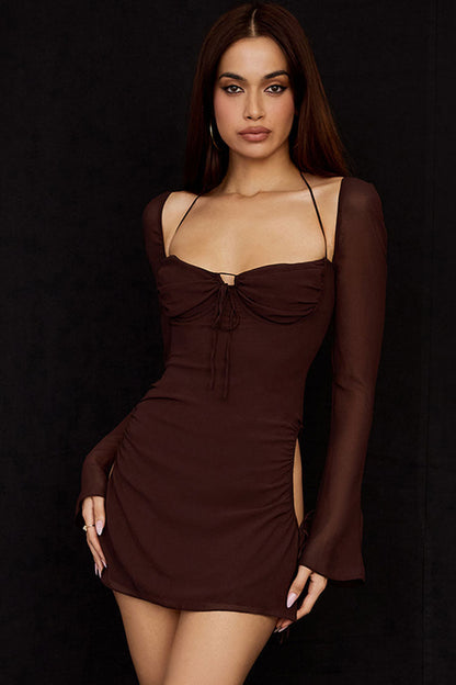 Halter Sweetheart Ruched Mesh Bell Sleeve Side Cutout Mini Dress