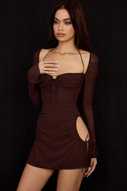 Halter Sweetheart Ruched Mesh Bell Sleeve Side Cutout Mini Dress