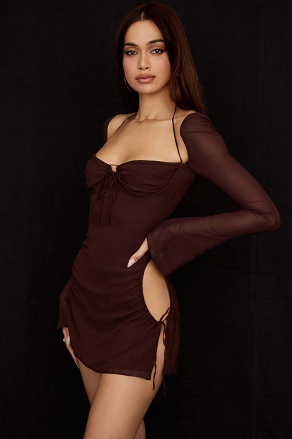 Halter Sweetheart Ruched Mesh Bell Sleeve Side Cutout Mini Dress