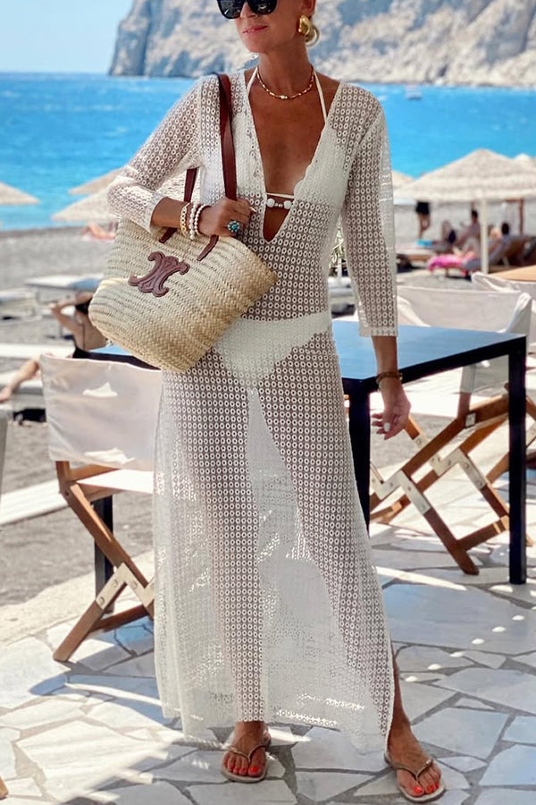 Crochet Lace Scoop Neck Long Sleeve Sheer Maxi Cover-Up Dress