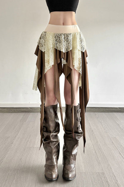 Sheer Lace Overlay Fringe Hem Skirt