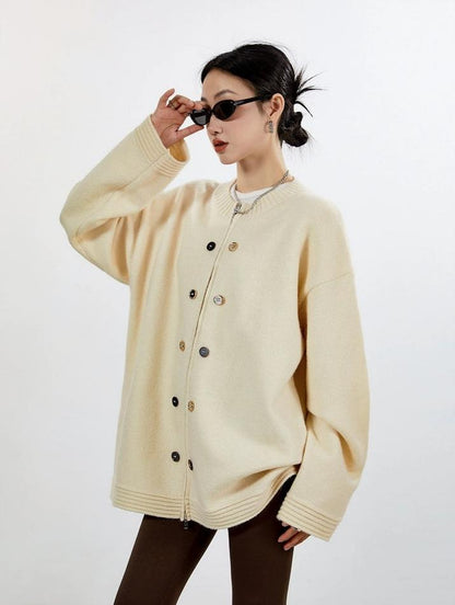 Ribbed Trim Oversized Button Zip Knit Cardigan