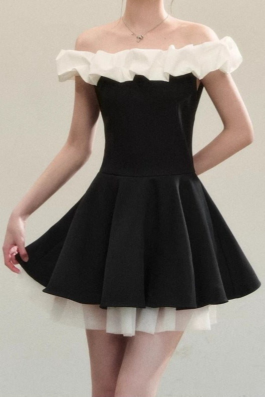 Off Shoulder Ruffle Trim Contrast Panel Pleated Skater Mini Dress
