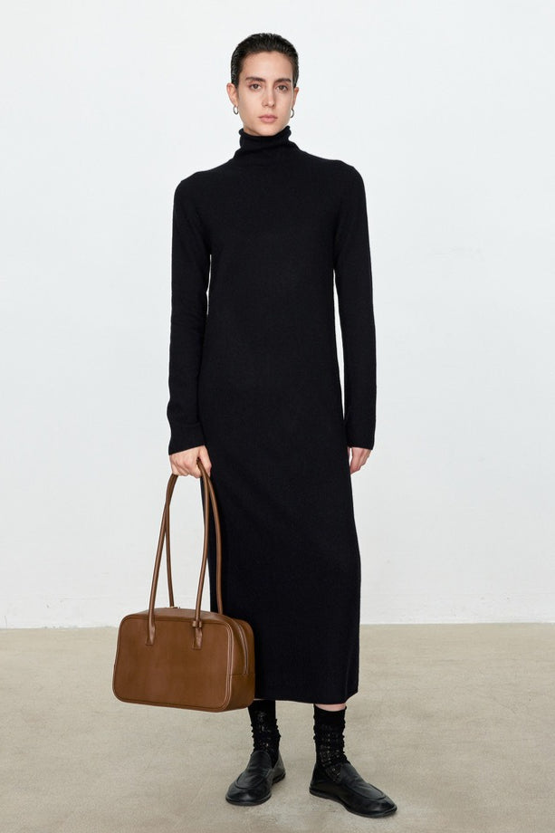 Turtleneck Long Sleeve Column Belted Knit Maxi Dress