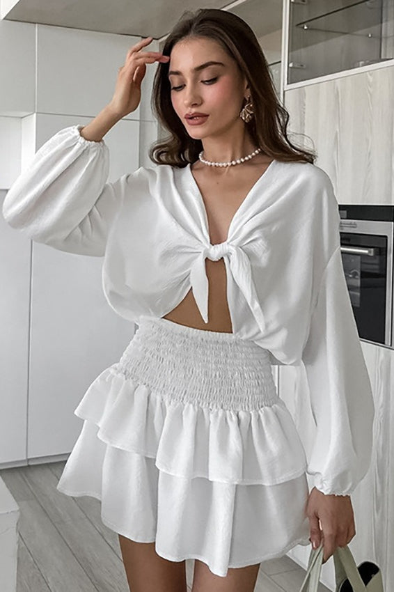 Tie Front Lantern Sleeve Crop Top Smocked Tiered Ruffle Skirt Set