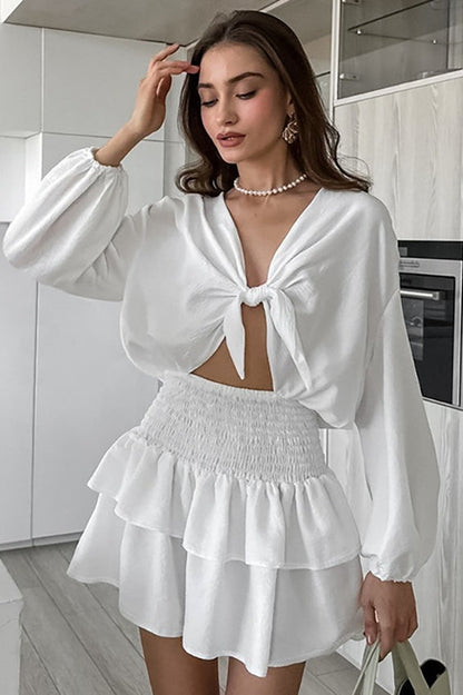 Tie Front Lantern Sleeve Crop Top Smocked Tiered Ruffle Skirt Set
