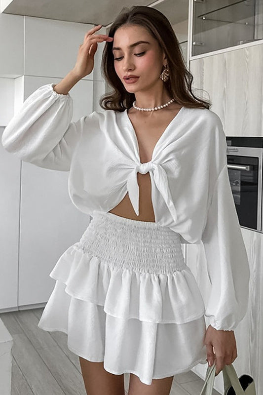 Tie Front Lantern Sleeve Crop Top Smocked Tiered Ruffle Skirt Set