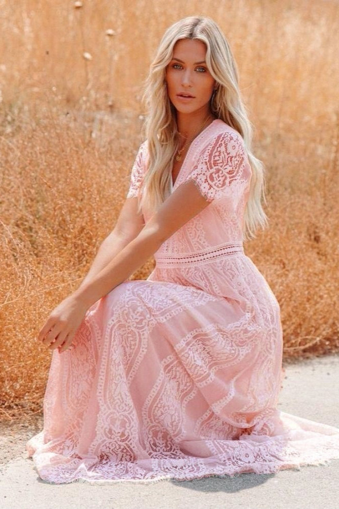 V-Neck Flutter Sleeve Ladder-Trim Lace Boho Maxi Dress