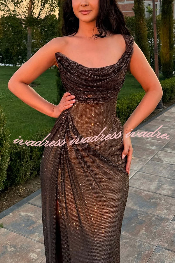 Glitzy Gala Glitter Fabric One Shoulder Ruched Slit Maxi Dress
