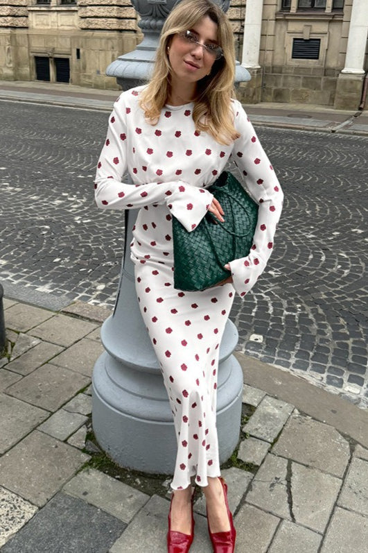 Ditsy Floral Print Crew Neck Long Sleeve Flared Cuff Bias Cut Maxi Dress