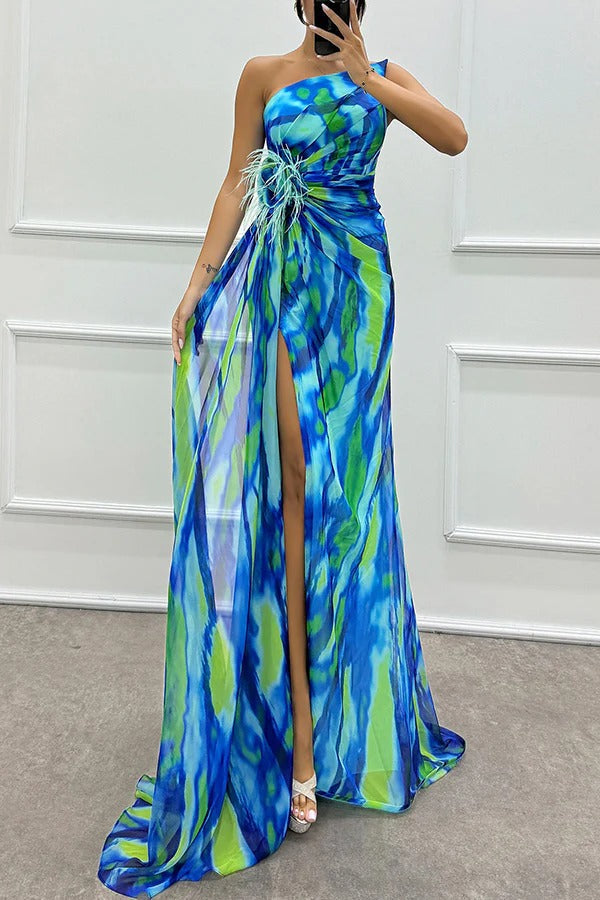 One-Shoulder Ruched Feather Floral Accent Marble Print High-Slit Maxi Gown