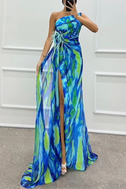 One-Shoulder Ruched Feather Floral Accent Marble Print High-Slit Maxi Gown