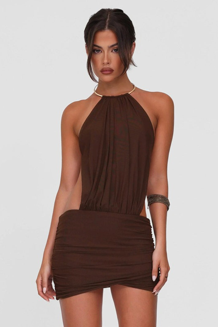 Halter Metal Ring Choker Side Cutout Ruched Bodycon Mini Dress