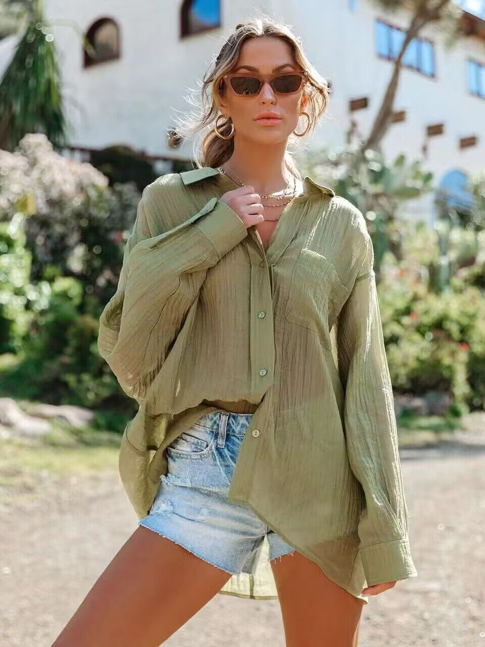 Shirt For Women White Oversized Pleated Turndown Collar Casual Long Sleeves Tops