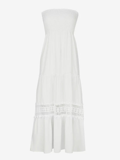 Strapless Smocked Maxi Dress for Women - Boho Crochet Lace Tiered Tube Dress - Summer Beach Resort 2026