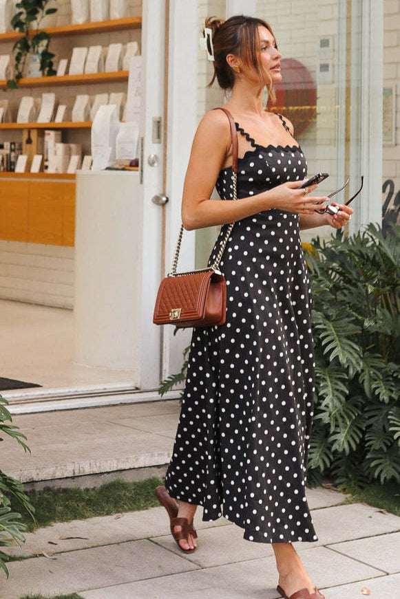 Polka Dot Scalloped Trim Square Neck Spaghetti Strap Fit-and-Flare Midi Dress