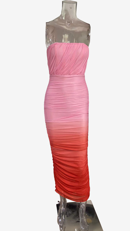 Ombre Strapless Maxi Dress for Women - Peach Ruched Bodycon Tube Dress with Back Slit - Summer Resort Wear 2026