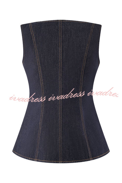 Stassi Denim Square Neck Unique Button Up Princess Seams Vest Top