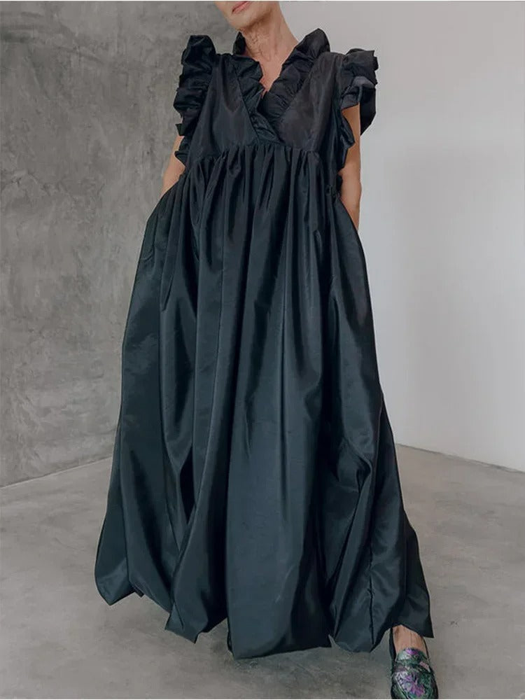 Deep V Neck Ruffle Shoulder Cap Sleeve Volume Pleated Maxi Dress