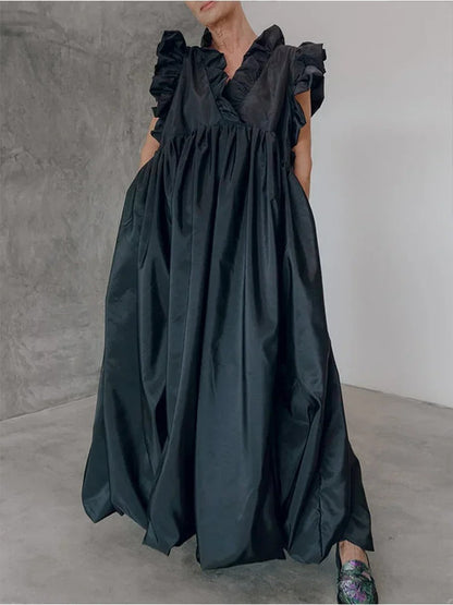 Deep V Neck Ruffle Shoulder Cap Sleeve Volume Pleated Maxi Dress