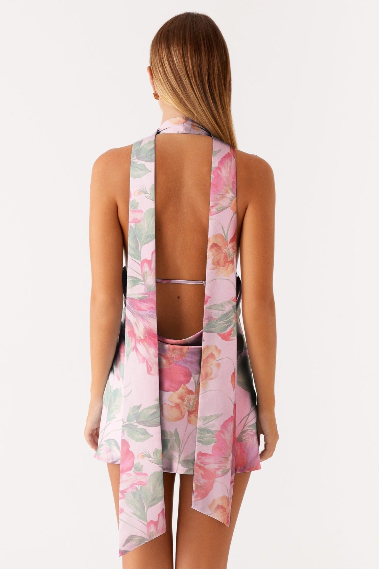 Watercolor Floral Print Halter Scarf-Neck Cutout Mini Dress