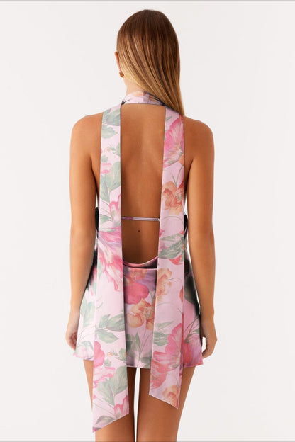 Watercolor Floral Print Halter Scarf-Neck Cutout Mini Dress