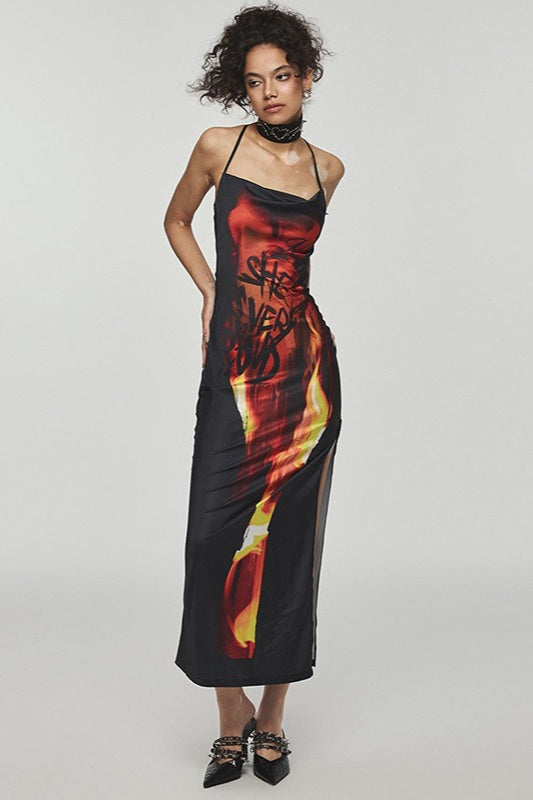 Cowl Neck Halter Strap Flame Graphic Print High Slit Maxi Dress