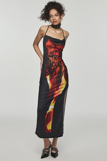 Cowl Neck Halter Strap Flame Graphic Print High Slit Maxi Dress