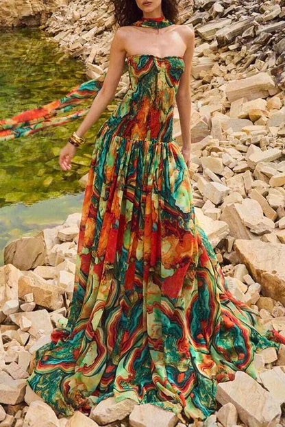 Vacay Vibes Colorful Lava Print Off Shoulder Smocked Scarf Maxi Dress