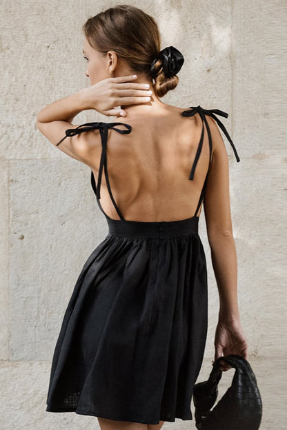 Black Linen V-Neck Cami Mini Dress