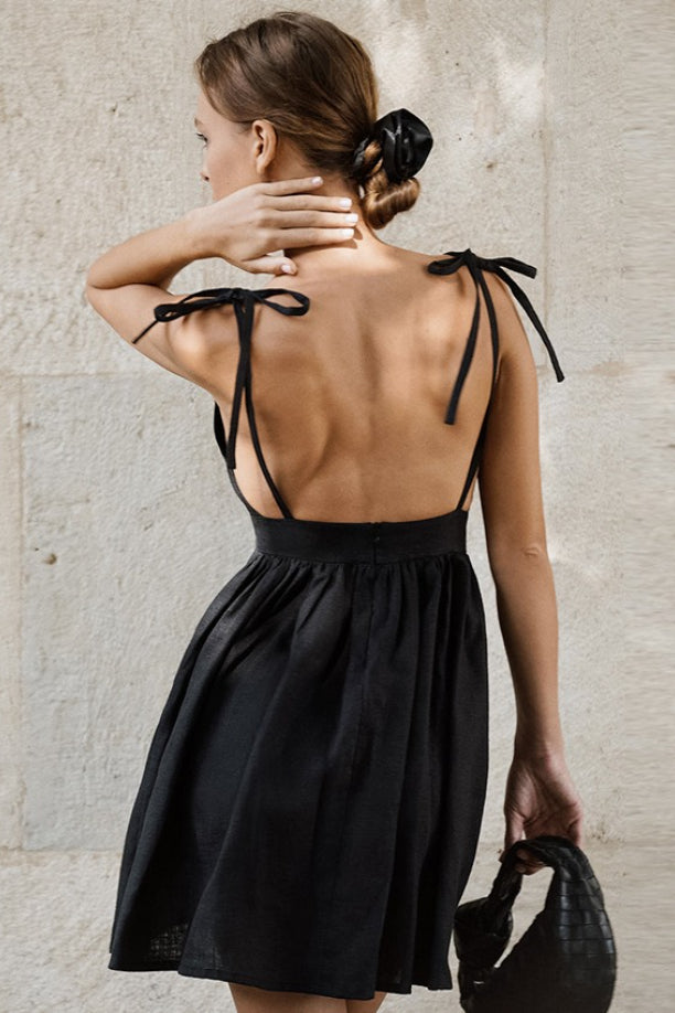 Tie Shoulder Spaghetti Strap V Neck Pleated Linen Blend Flare Mini Dress
