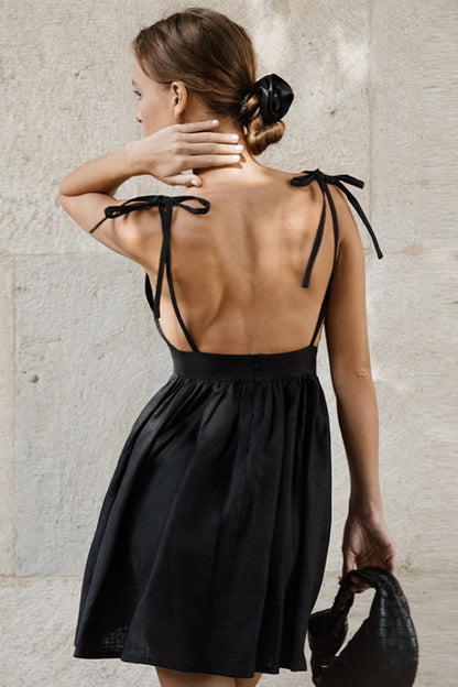 Tie Shoulder Spaghetti Strap V Neck Pleated Linen Blend Flare Mini Dress