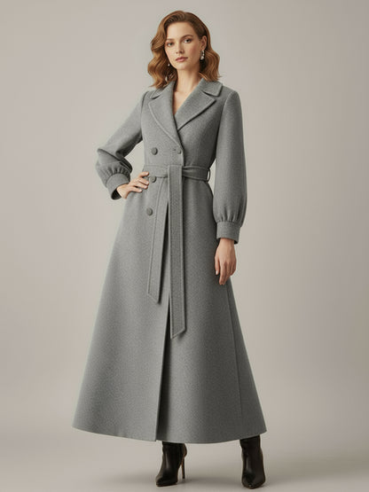 Belted Double-Breasted Woolen Full-Length Coat With Balloon Sleeves For Women 2026