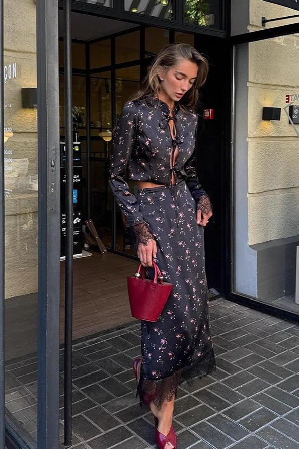 Button Front Floral Long Sleeve Blouse Skirt Set