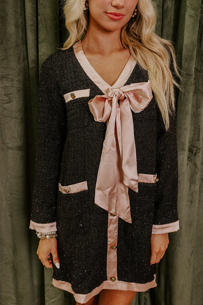 Tweed Satin Bow Trim Metal Button Patch Pocket Long Sleeve Mini Dress