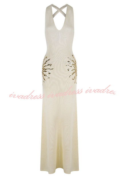 Sparkling Nights Knit Sunburst Sequin Detail Back Cross Straps Stretch Maxi Dress