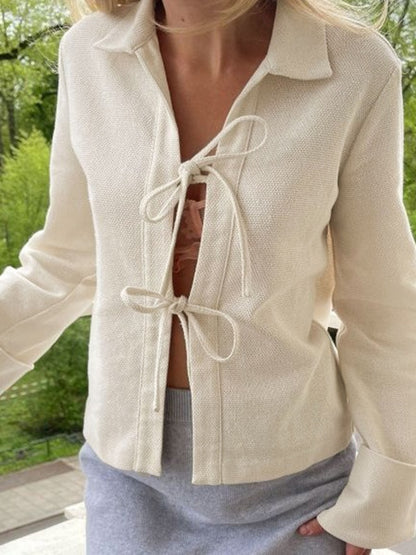 Solid Color Lace Up Cardigan Long Sleeve Blouse