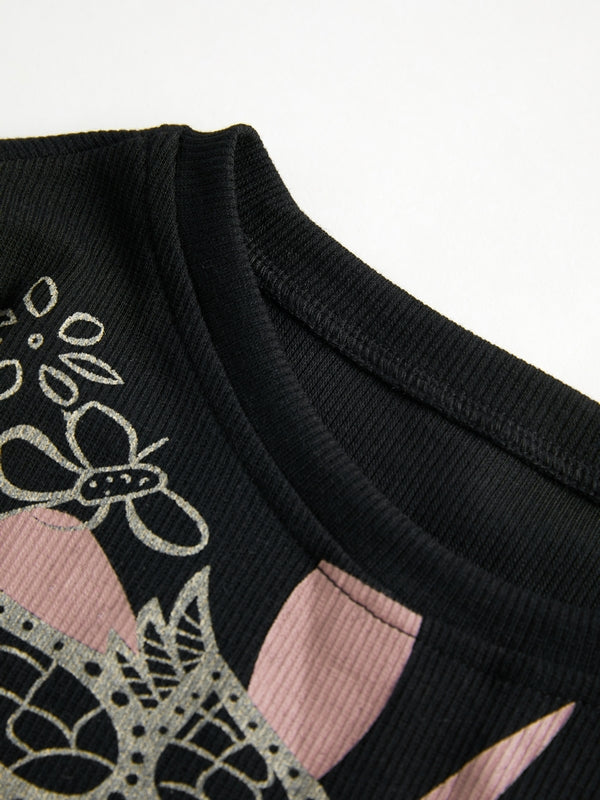 Floral Print Ribbed Slim Long Sleeve Knit