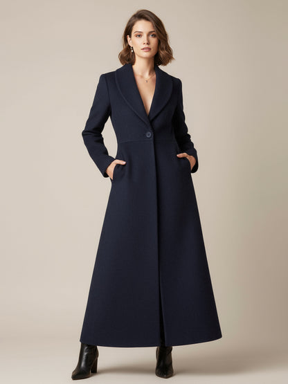 Shawl Collar Full-Length Woolen Coat With A-Line And V-Neck For Women 2026